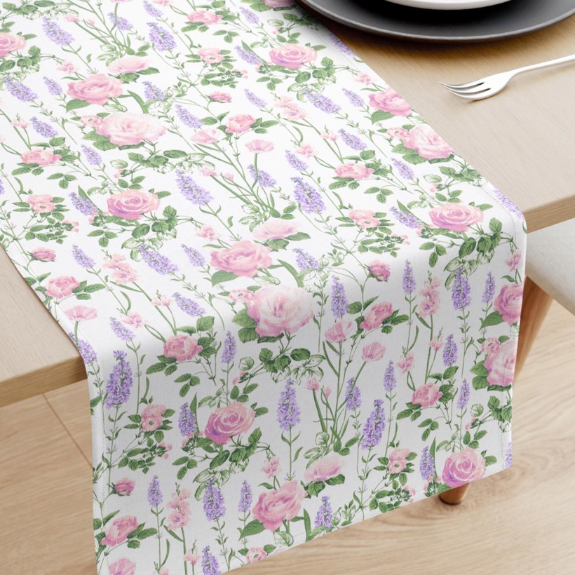 Behúň na stôl 100% bavlnené plátno - šípkové ruže s levanduľami