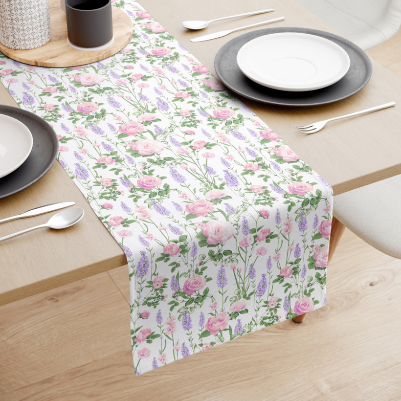 Behúň na stôl 100% bavlnené plátno - šípkové ruže s levanduľami